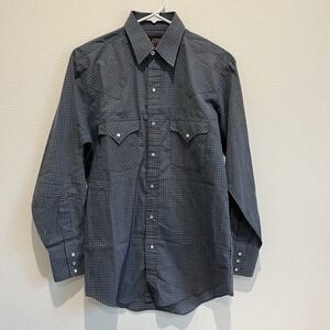 Plains Western wear pearl snap Blue Square Collar Sz S Button Down Flannel Shirt